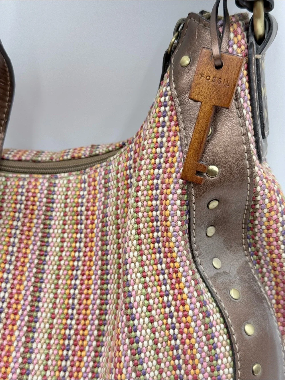 Vintage Y2K Fossil Woven Hobo Shoulder Bag Colorful Tweed Boho with Key